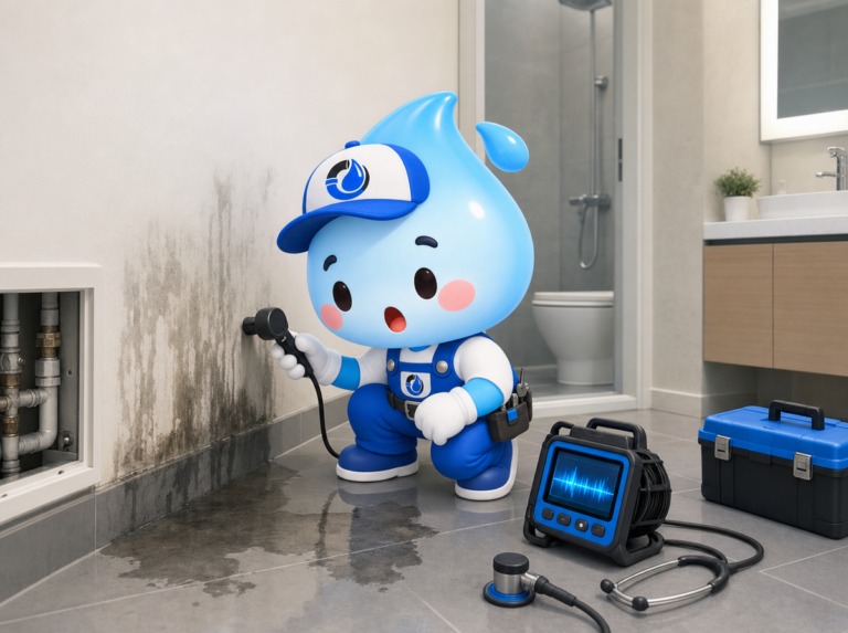 공식 캐릭터가 주거 공간의 욕실 벽면과 배관 주변을 점검하며 누수 의심 부위를 살펴보는 장면